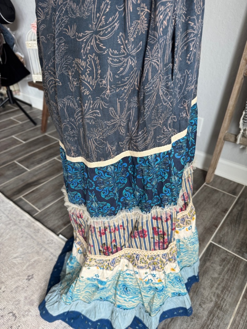 Jaded Gypsy Bohemian Teal and Navy Tiered Maxi Dress - Picture 3 of 6